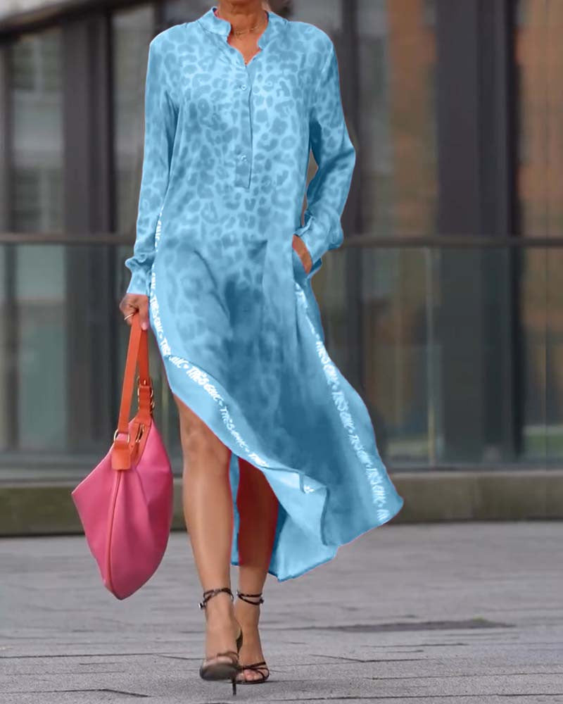 Leopard Print Long Sleeve Button Front High Low Maxi Dress 7