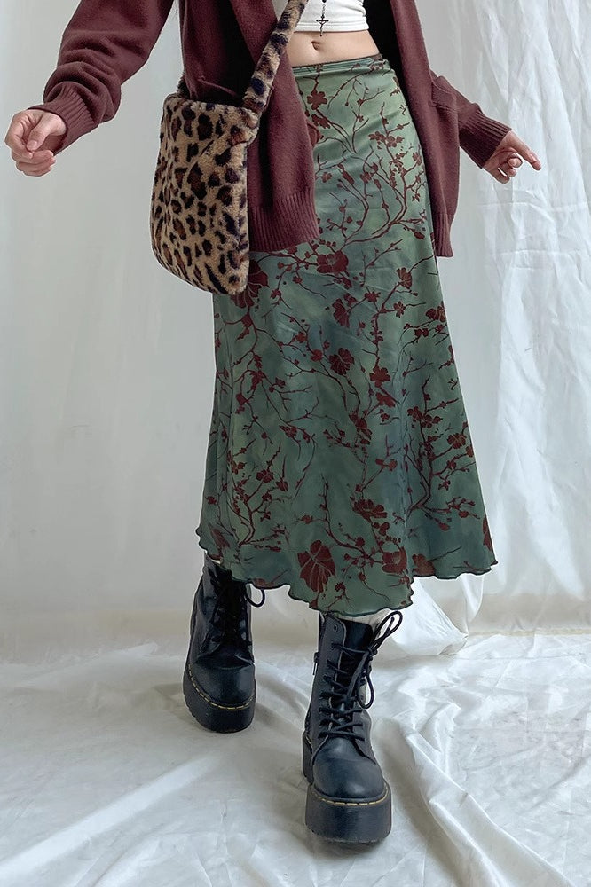 Floral Branch Print Satin Slip Midi Skirt 3