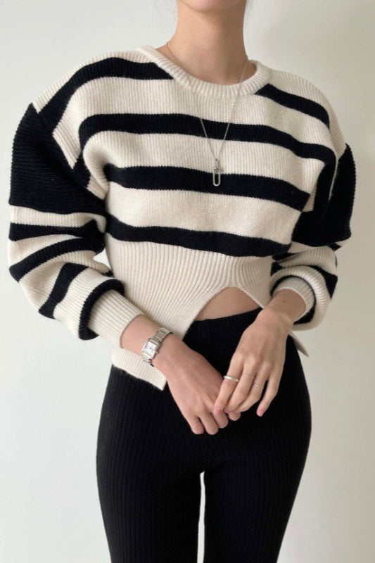 Cut-Out Waist Striped Sweater