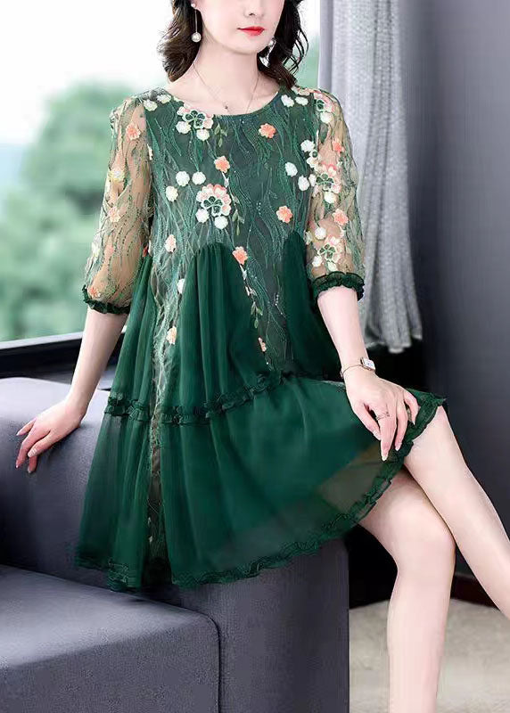 Floral Embroidered Mesh Round Neck Ruffle Cuff Tiered Pleated Mini Dress