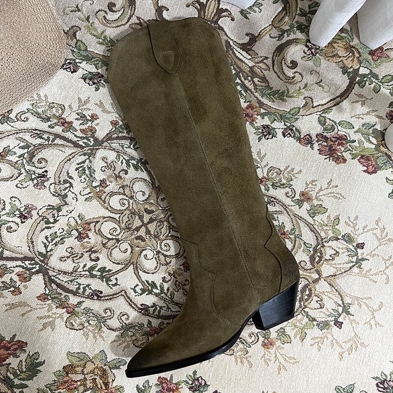 Womens Western Suede Knee High Boots Block Heel - Khaki/Black/Grey/Brown Cowgirl Boots All Genuine Leather