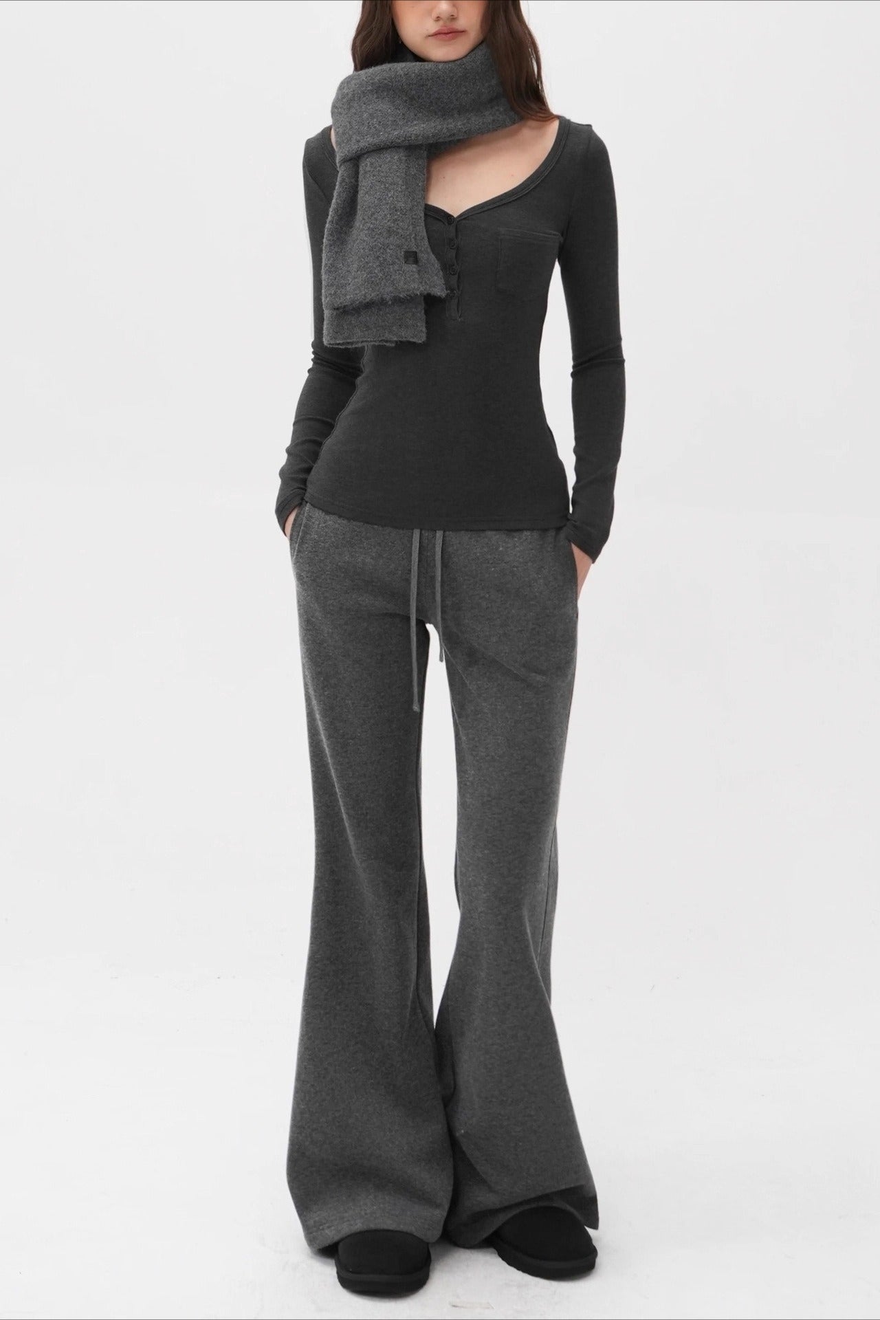 Vintage Washed V Neck Henley Long Sleeve Top