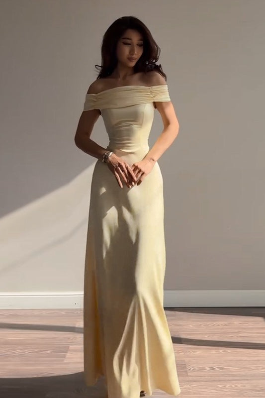 Satin Off Shoulder Ruched Bodycon Maxi Dress