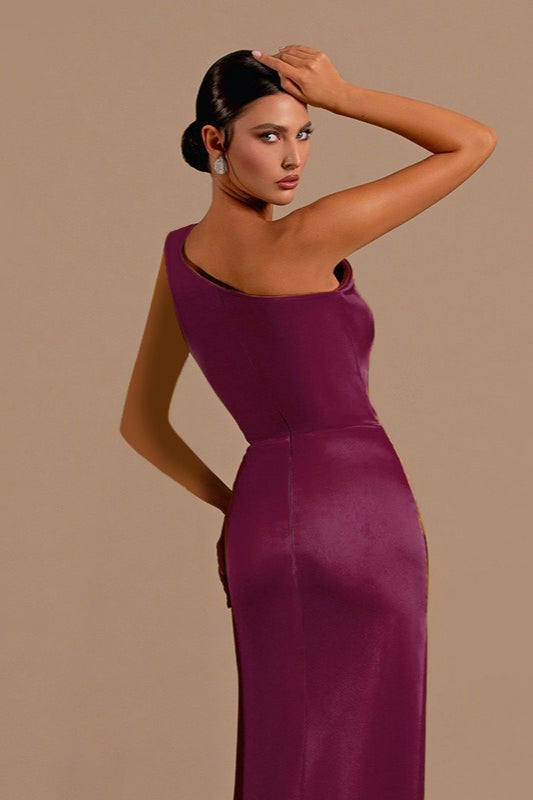 Satin One Shoulder High Slit Formal Dress - View 4