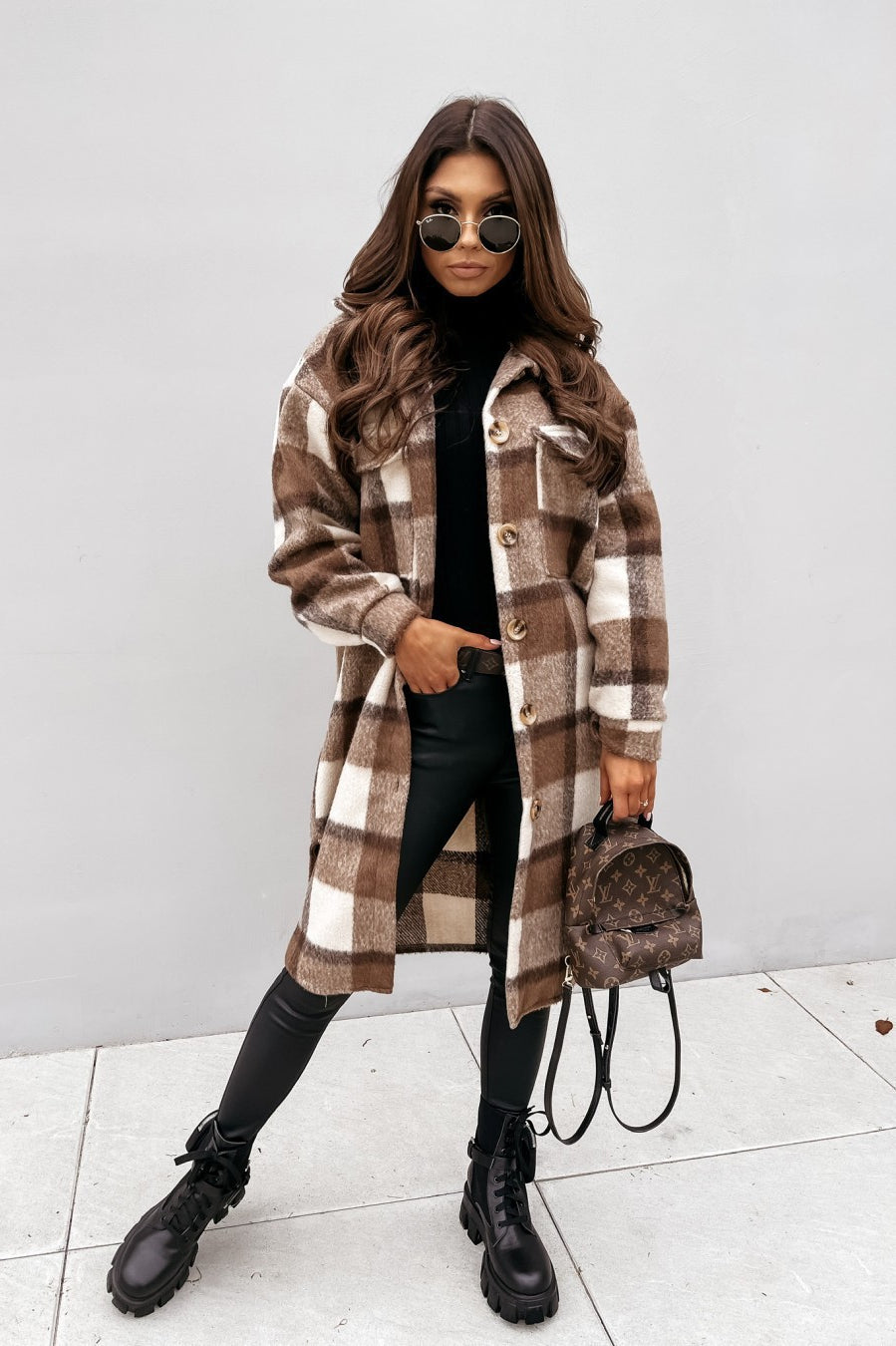 Plaid Button Front Flap Pocket Longline Shirt Coat 7