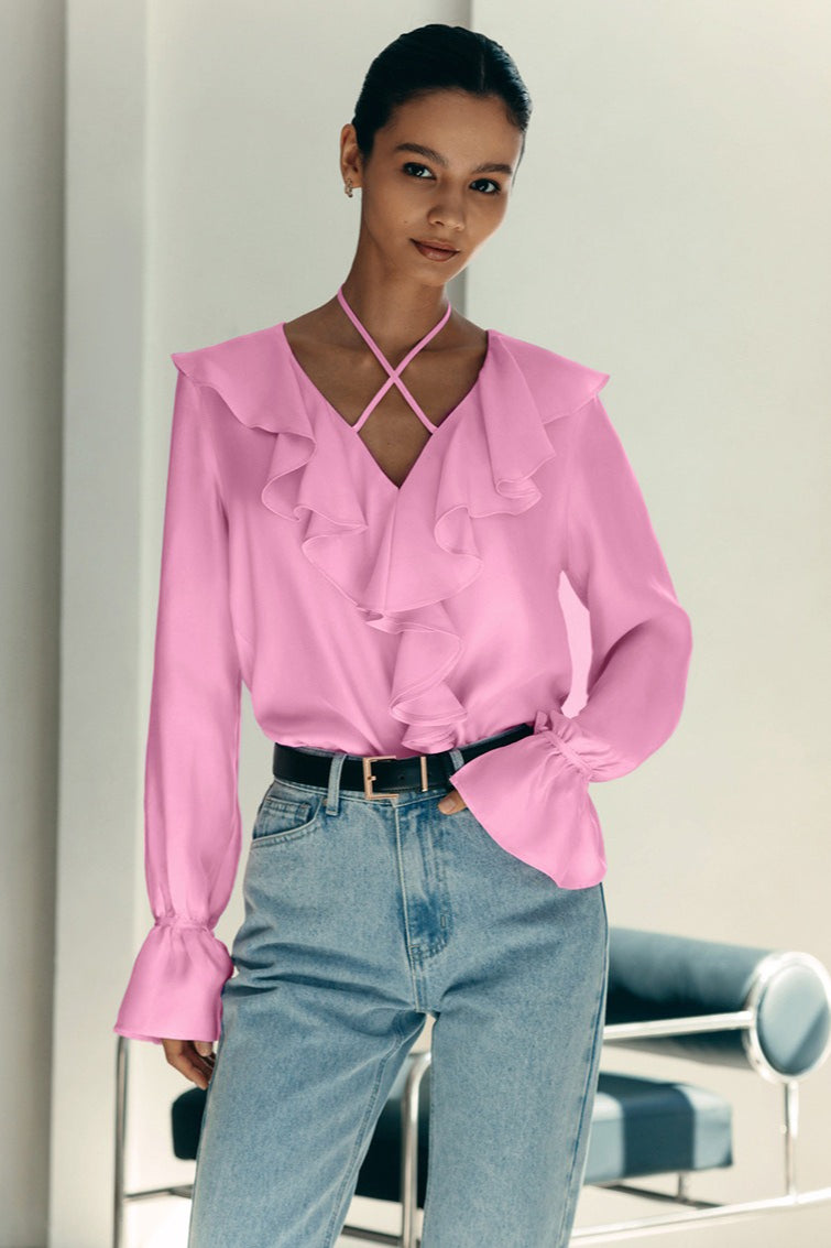 Satin Ruffle V-Neck Cross Strap Flounce Cuff Long Sleeve Blouse
