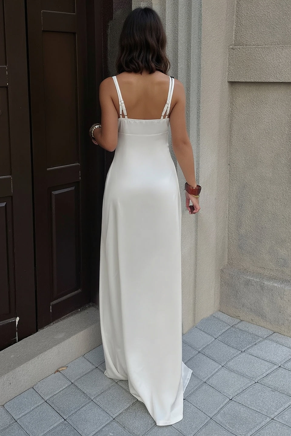 Lace Panel Bust V Neck Satin High Split Slip Dress