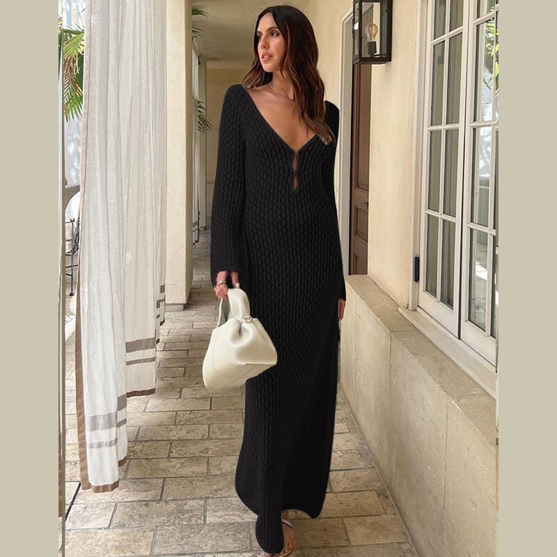 Crochet Deep V-Neck Bell Sleeve Fitted Maxi Dress