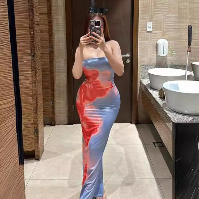 Strapless Floral Print Bodycon High Split Maxi Dress