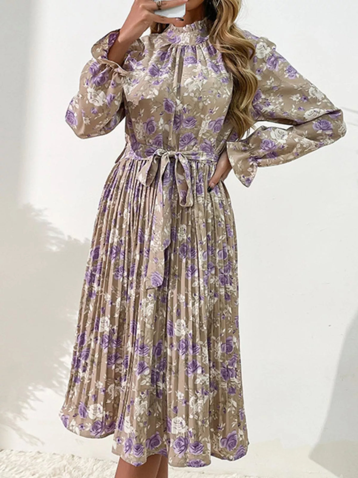 Floral Print Ruffle Mock Neck Long Sleeve Belted Pleated Midi Dress 4