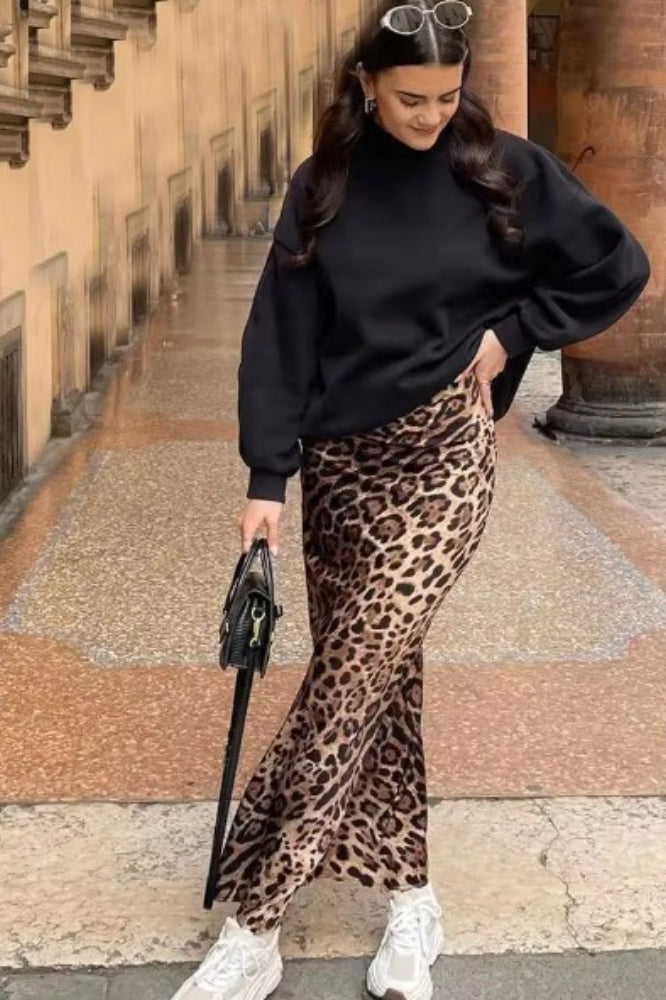 Leopard Print Draped Satin Flowy Midi Skirt 2