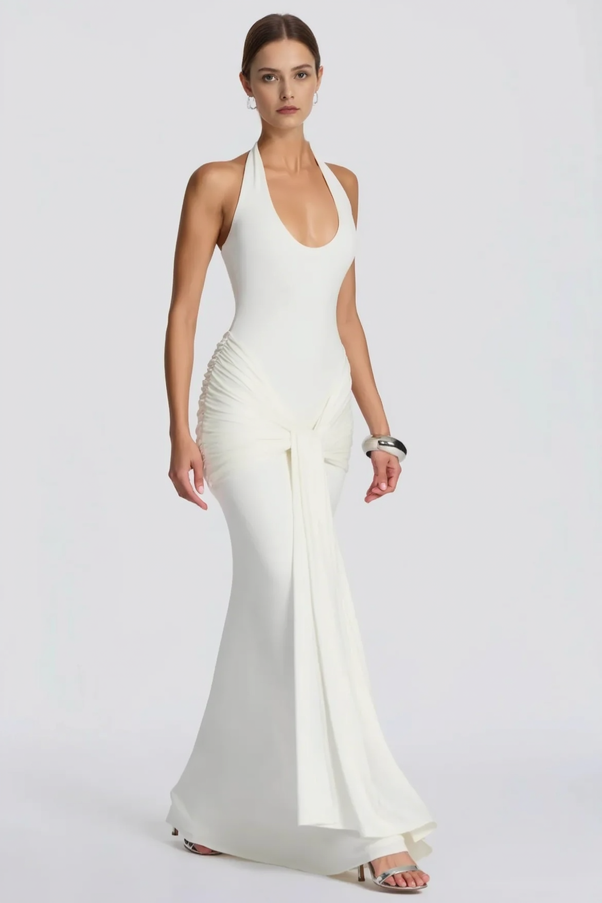 U Neck Halter Sash Panel Bodycon Party Dress