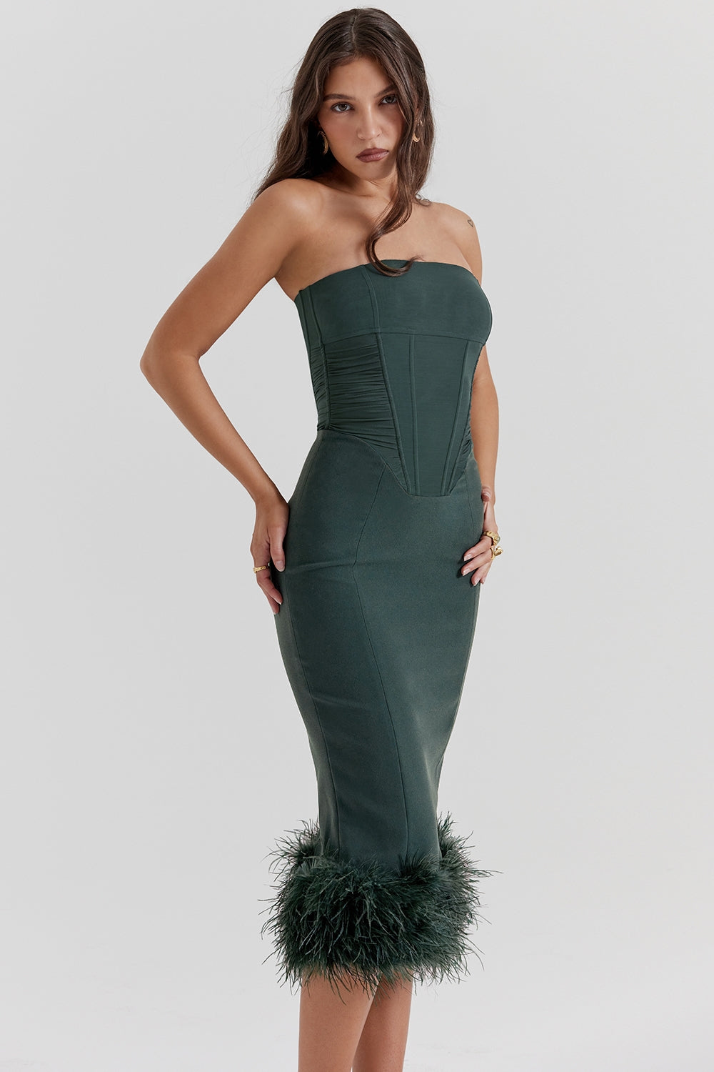 Strapless Corset Bodice Feather Trim Hem Bodycon Midi Dress 5