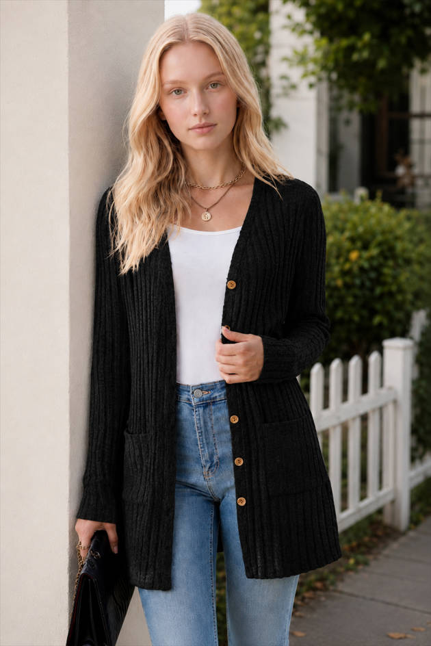 Brushed Ribbed Long Sleeve Cardigan