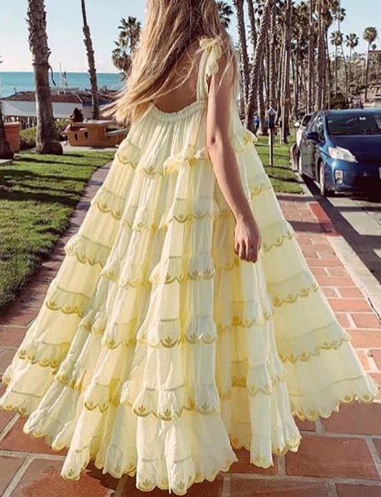 Spaghetti Strap Tiered Ruffle Scallop Embroidered Low Back Maxi Dress