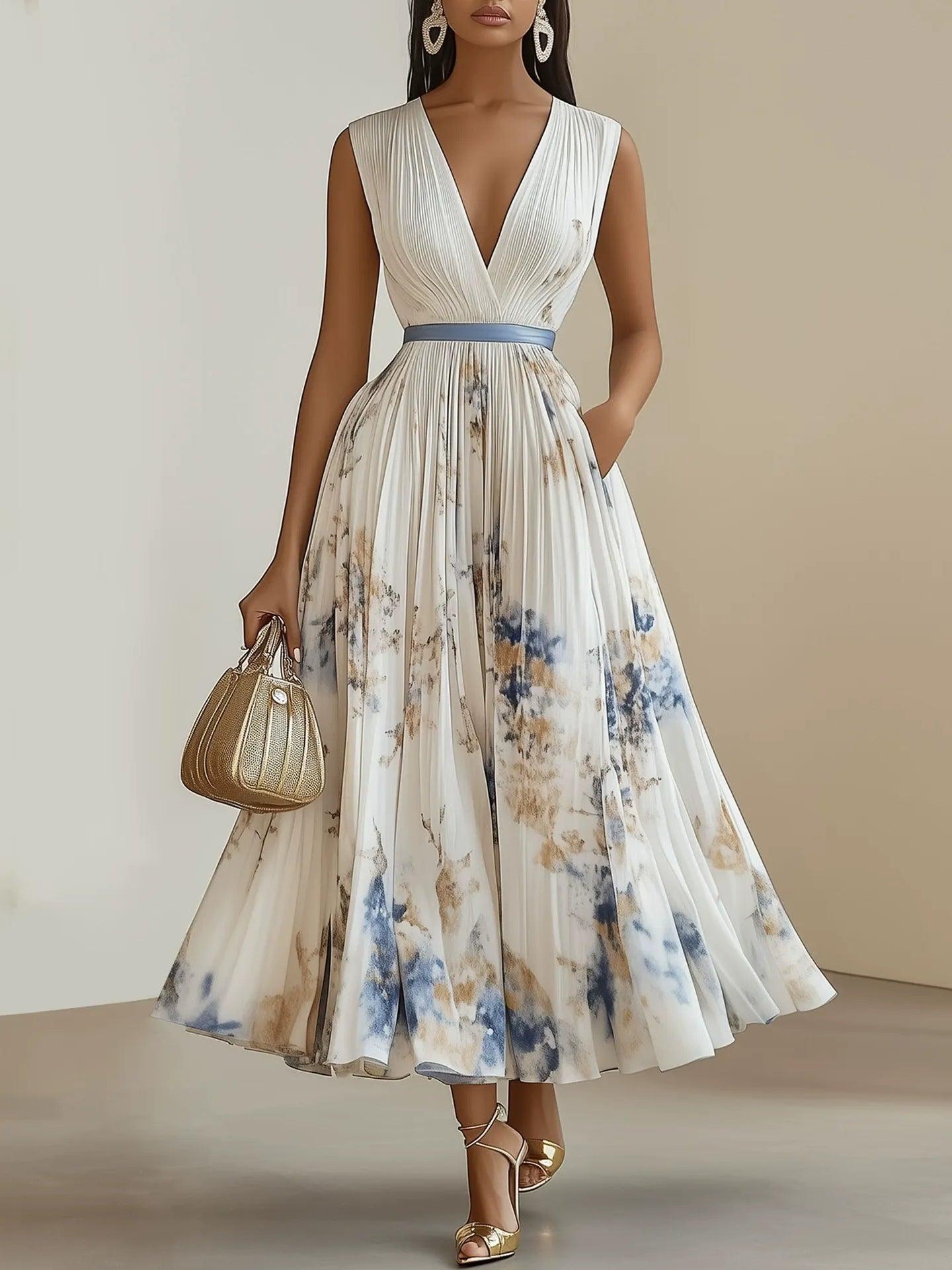 Spring New White Pleated Floral Chiffon V Neck Sleeveless A-Line Midi Dress 2XL