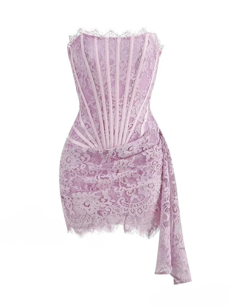 Lace Strapless Corset Boned Bodice Side Drape Mini Dress 11