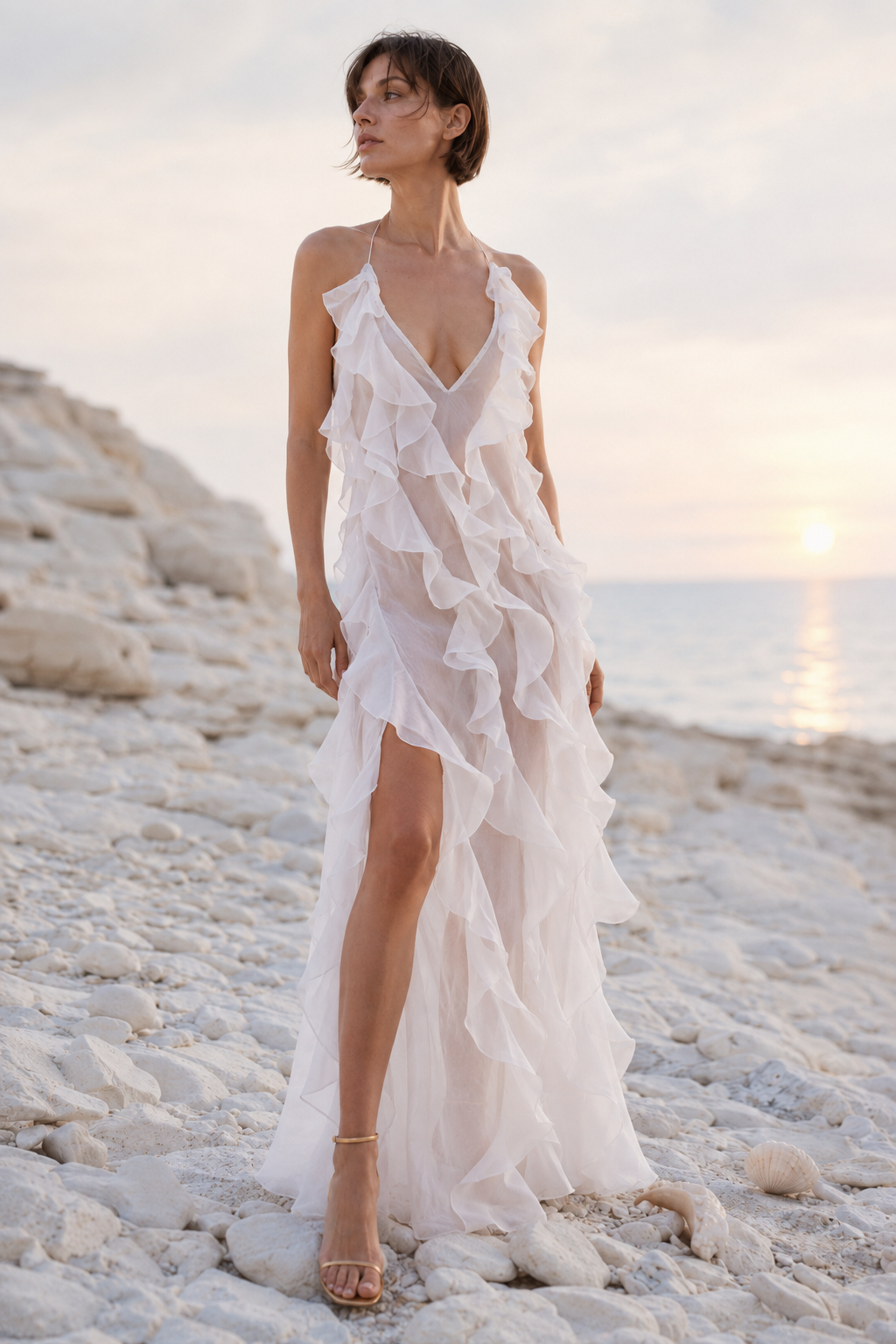 Plunge Mesh Asymmetric Ruffle Trim Long Slip Dress