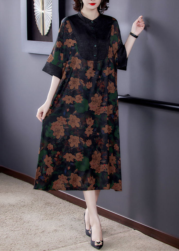 Floral Print Contrast Yoke Button Collar Wide Sleeve Contrast Cuff A-Line Midi Dress