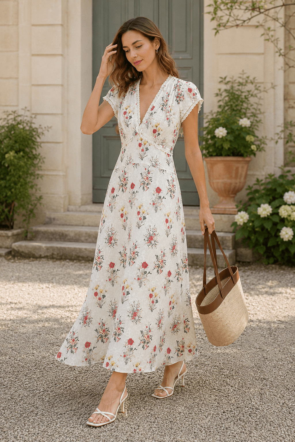 Elegant V Neck Embroidery Waist Long Floral Dress
