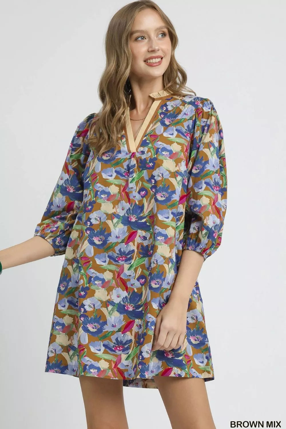 Women’s Boho Floral Balloon Sleeve Mini Dress – Vintage Ruffle Hem Short Dress BROWN MIX