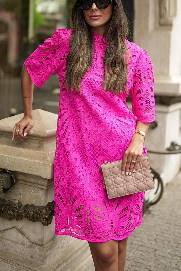 Crochet Lace High Neck Short Sleeve Shift Mini Dress