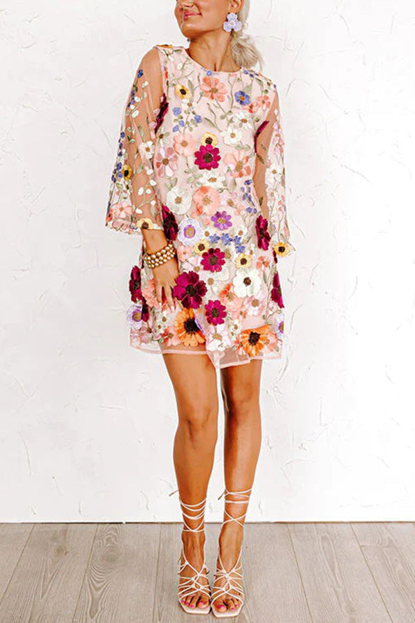 Floral Embroidered Half Sleeve Mini Dress - View 3
