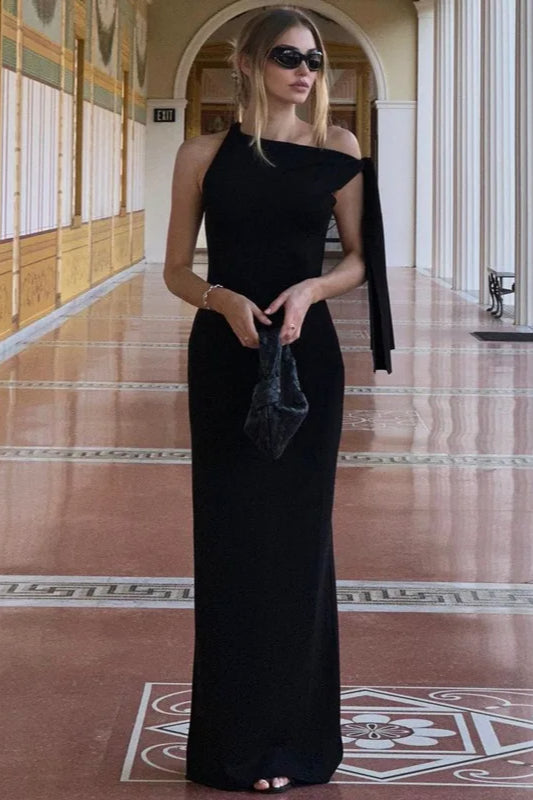 Graceful One Shoulder Asymmetric Tie Maxi Dress