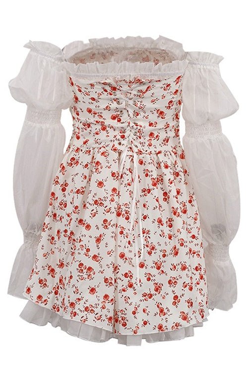 Off Shoulder Puff Sleeve Floral Print Fit and Flare Mini Dress
