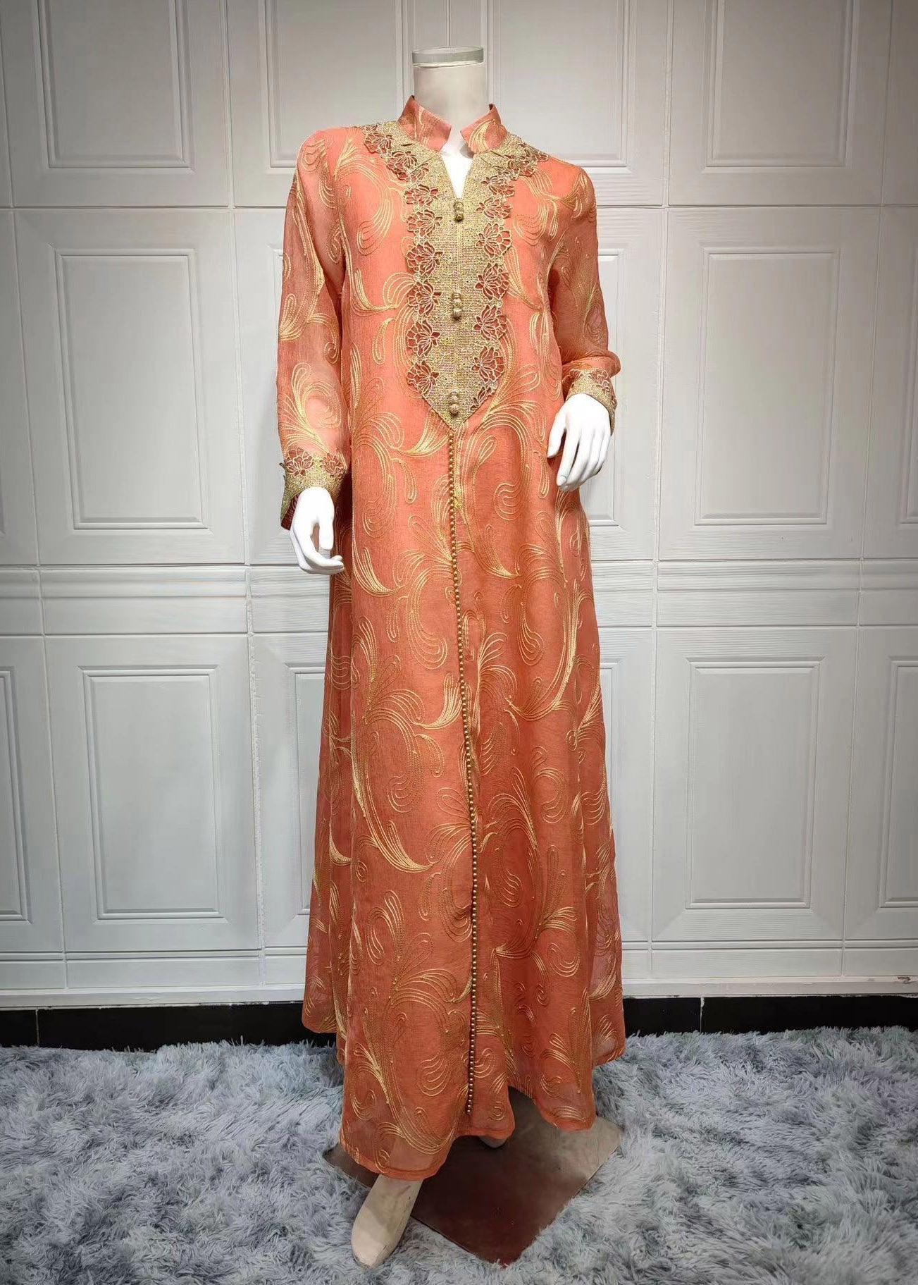 Embroidered Stand Collar Scroll Print Long Sleeve Maxi Dress