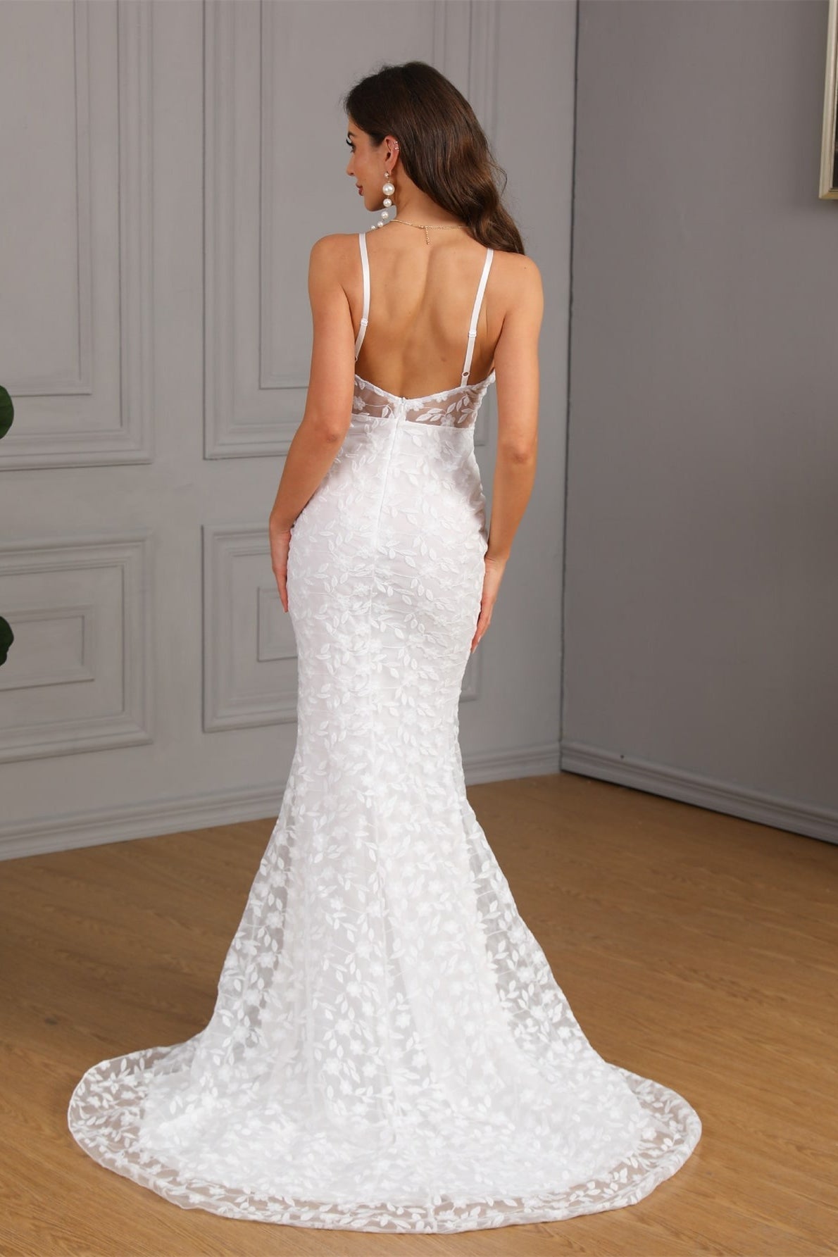 Floral Lace Deep V-Neck Spaghetti Strap Mermaid Maxi Gown