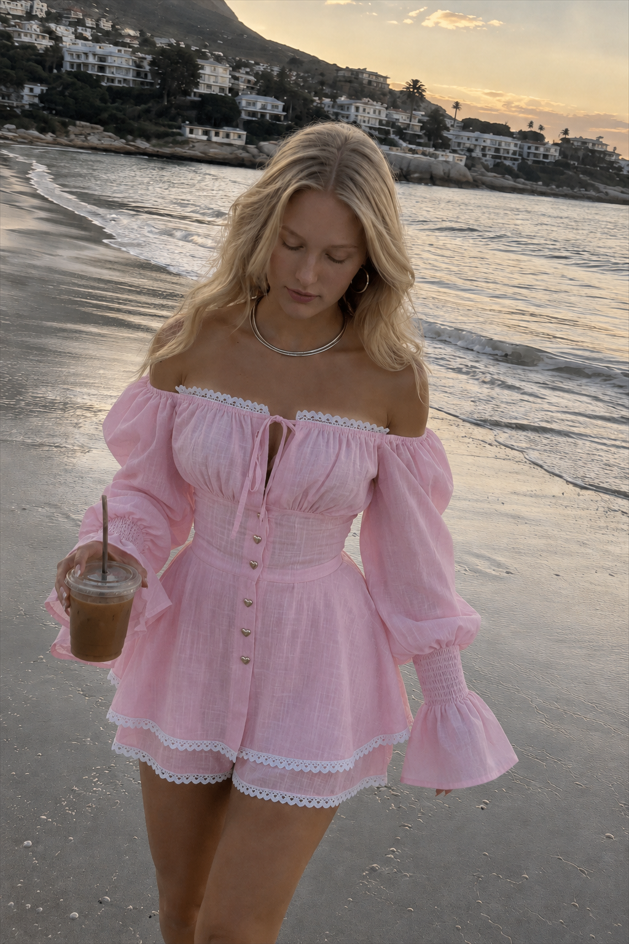 Lantern Sleeve Lace Up Off Shoulder Top Two Piece Shorts Set