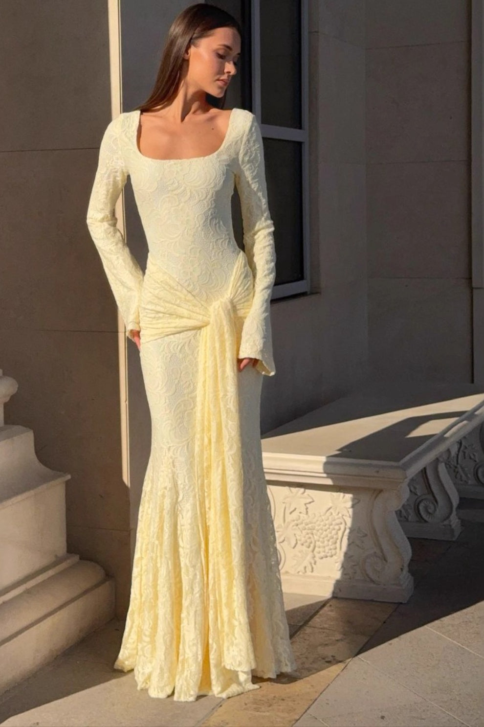 Lace Square Neck Long Sleeve Mermaid Maxi Dress