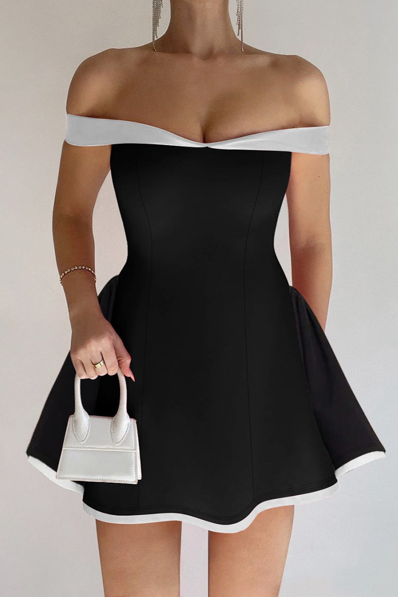 Off Shoulder Contrast Trim Corset Bodice Flared Mini Cocktail Dress