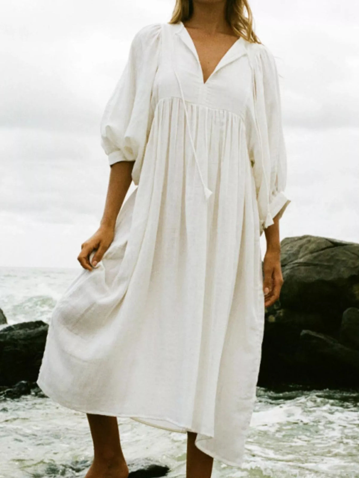 Split V-Neck Tie Neck Puff Sleeve Smock Midi Dress