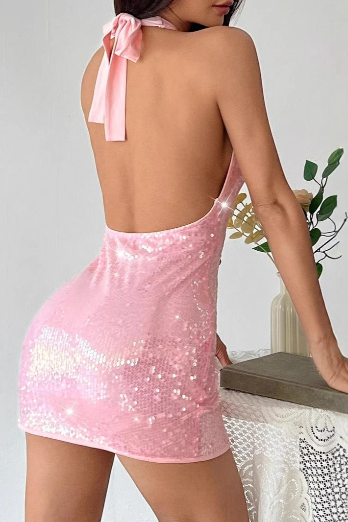 Sequin Halter Deep V-Neck Backless Bodycon Mini Dress