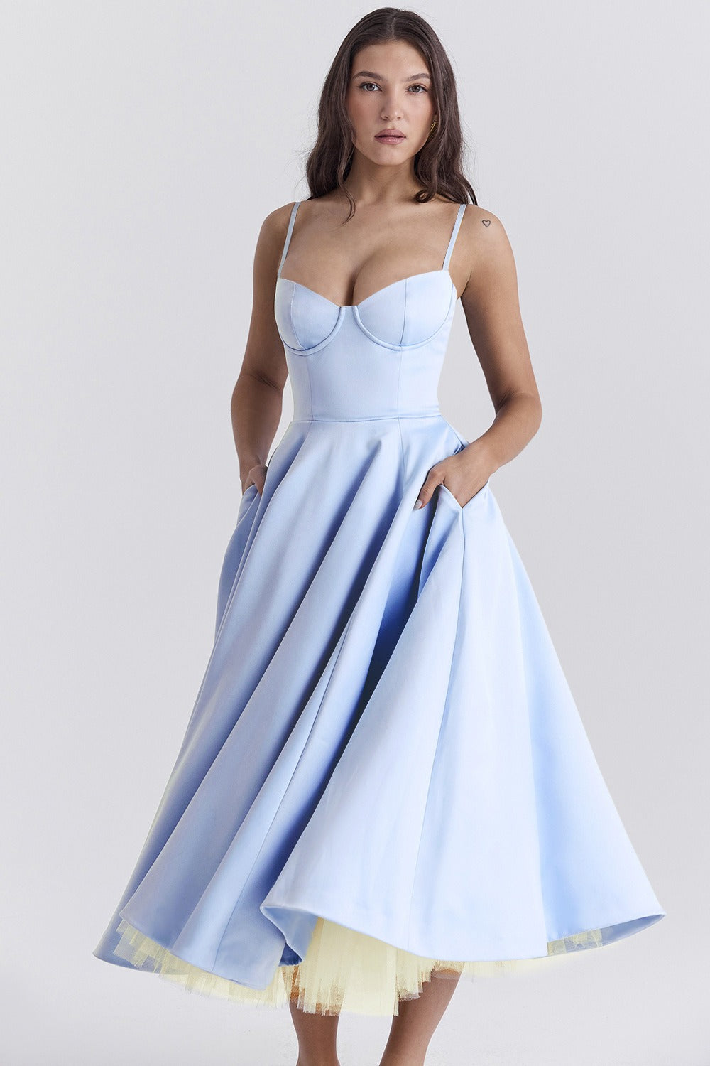 Satin Bustier Sweetheart Spaghetti Strap Fit and Flare Tulle Underskirt Midi Party Dress