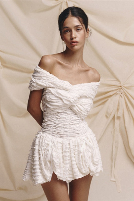 Off Shoulder Ruched Twist Front Ruffle Bow Mini Party Dress