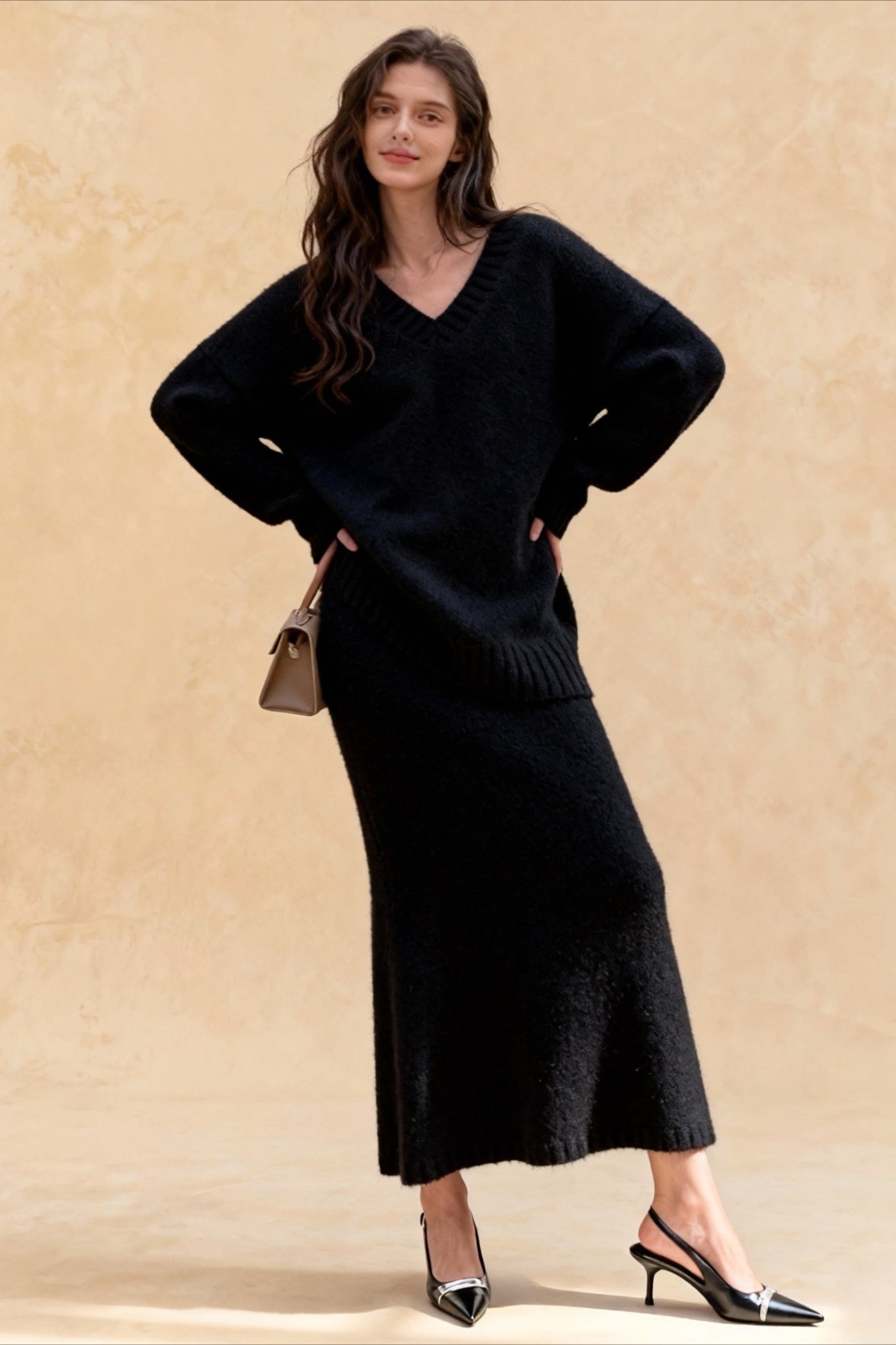 Lazy V-neck Knit Sweater Mermaid Skirt Two Piece Set