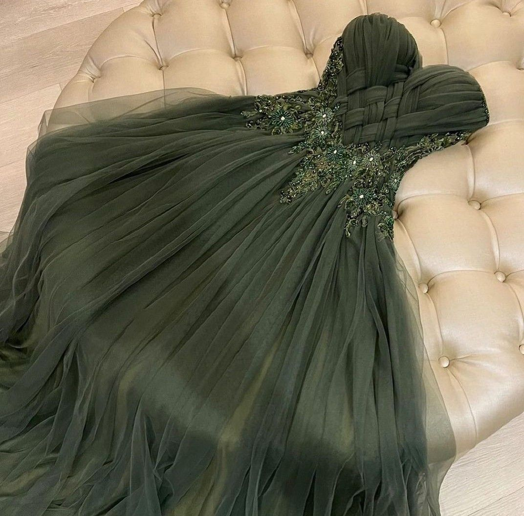 Dark Green Tulle Long Prom Dress Beaded Evening Dress