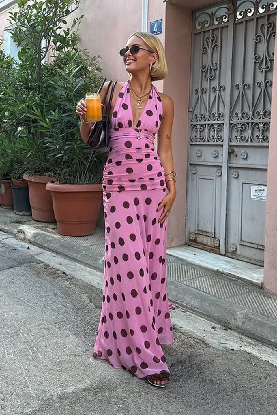 Polka Edition Dot Halter VNeck Color Block Bodycon Maxi Dress