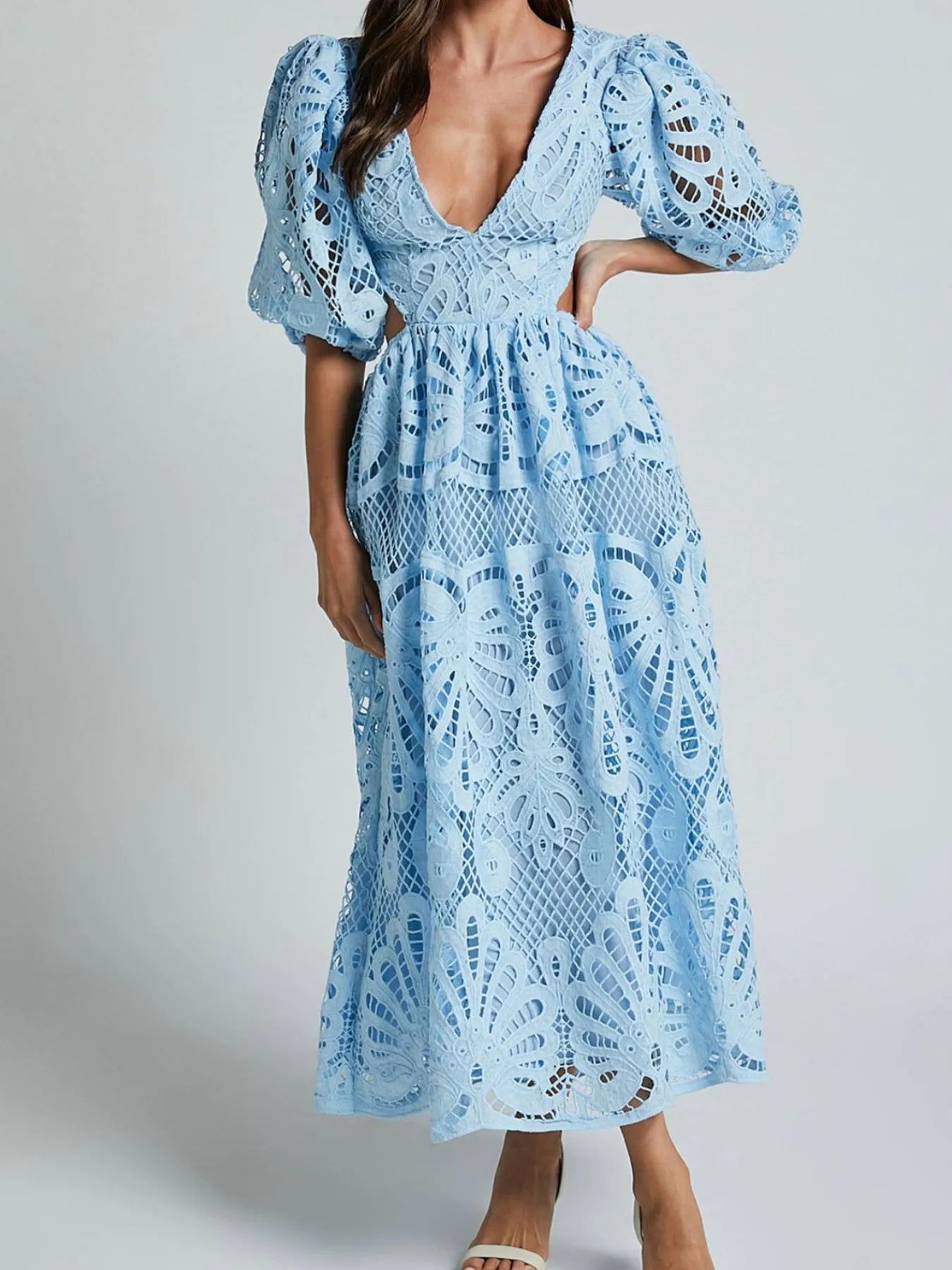 Lace Deep V-Neck Puff Sleeve Cut Out Waist A-Line Midi Dress