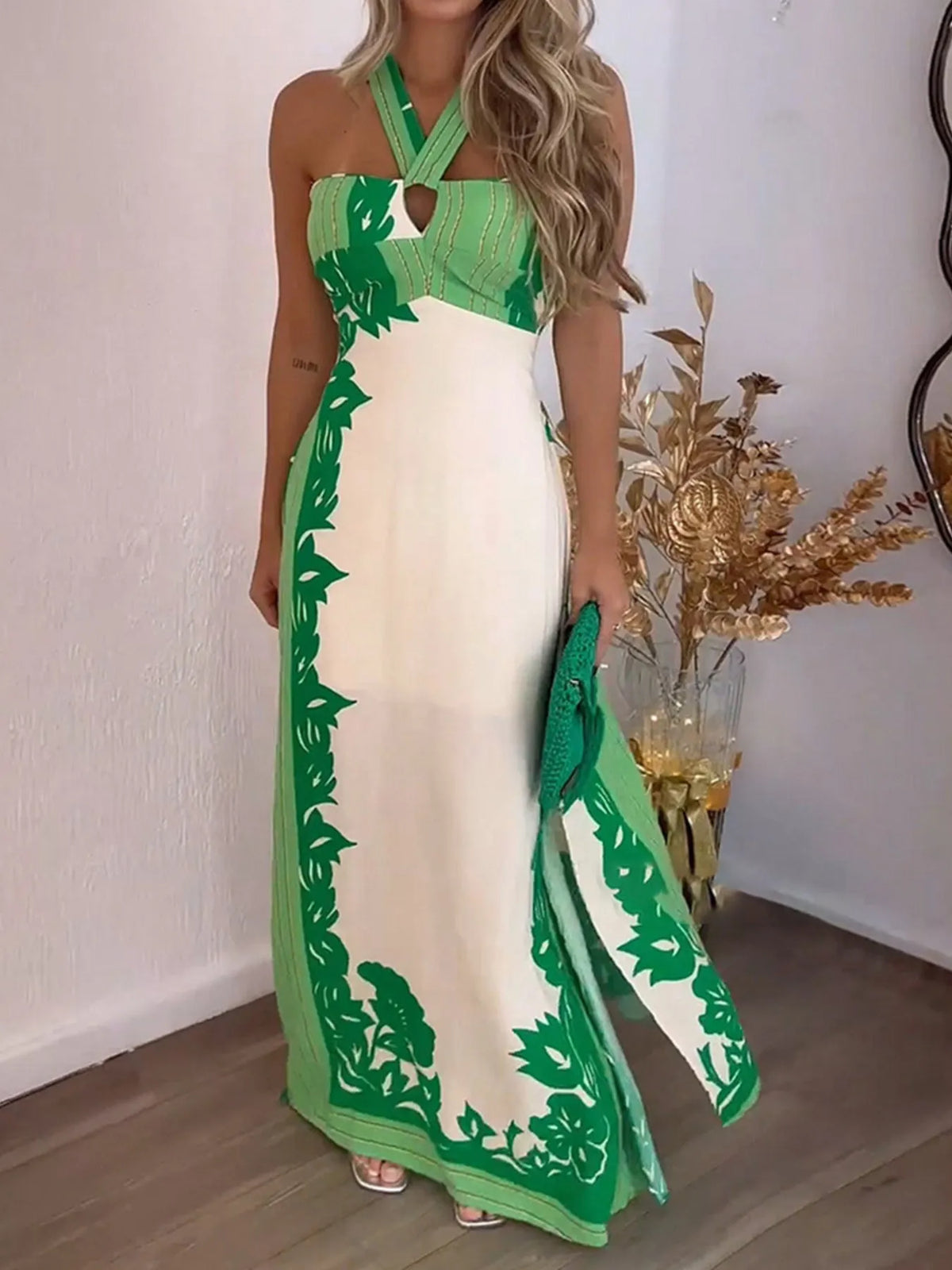Leaf Print Crisscross Halter Keyhole Side Split Maxi Dress