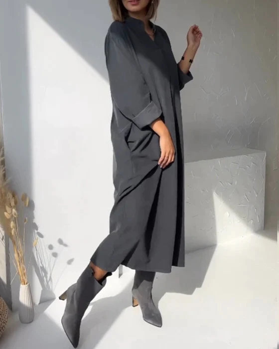 Oversized V-Neck Long Sleeve Relaxed Shift Maxi Dress