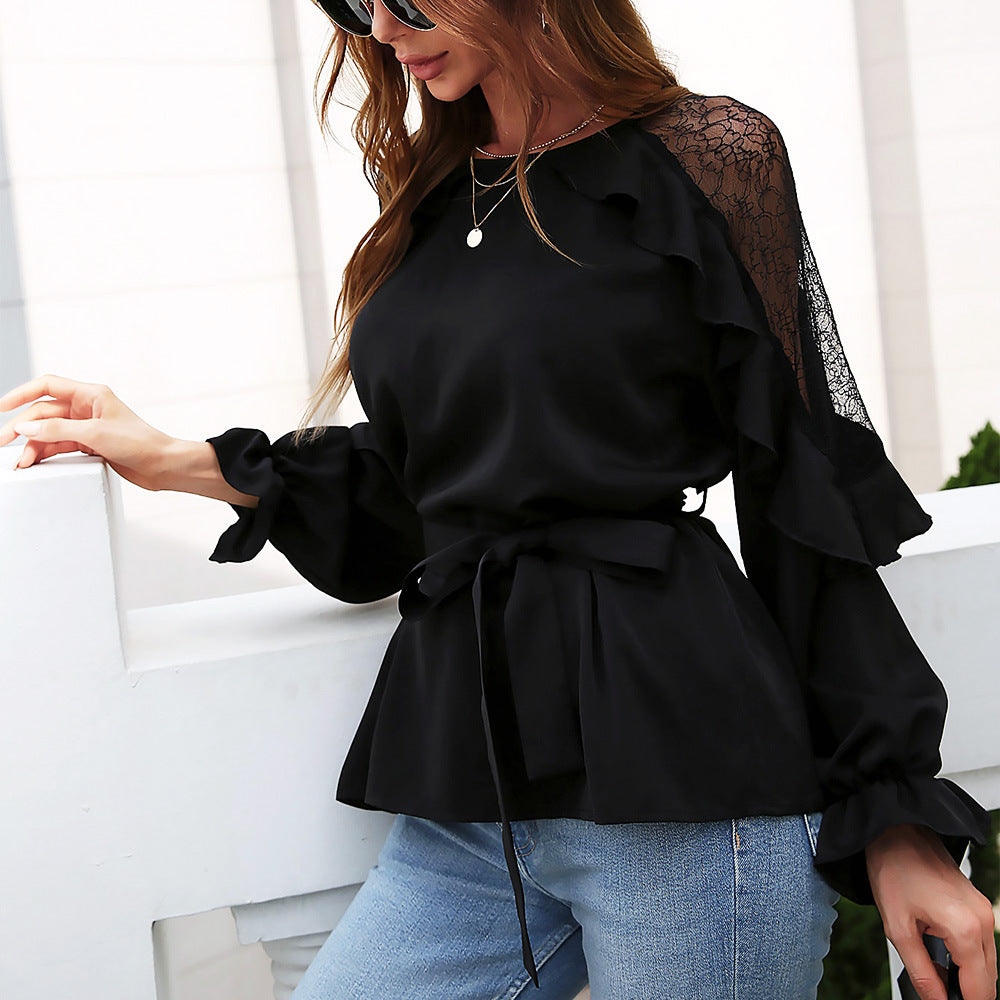 Lace Shoulder Ruffle Trim Long Sleeve Tie Waist Belted Blouse 6