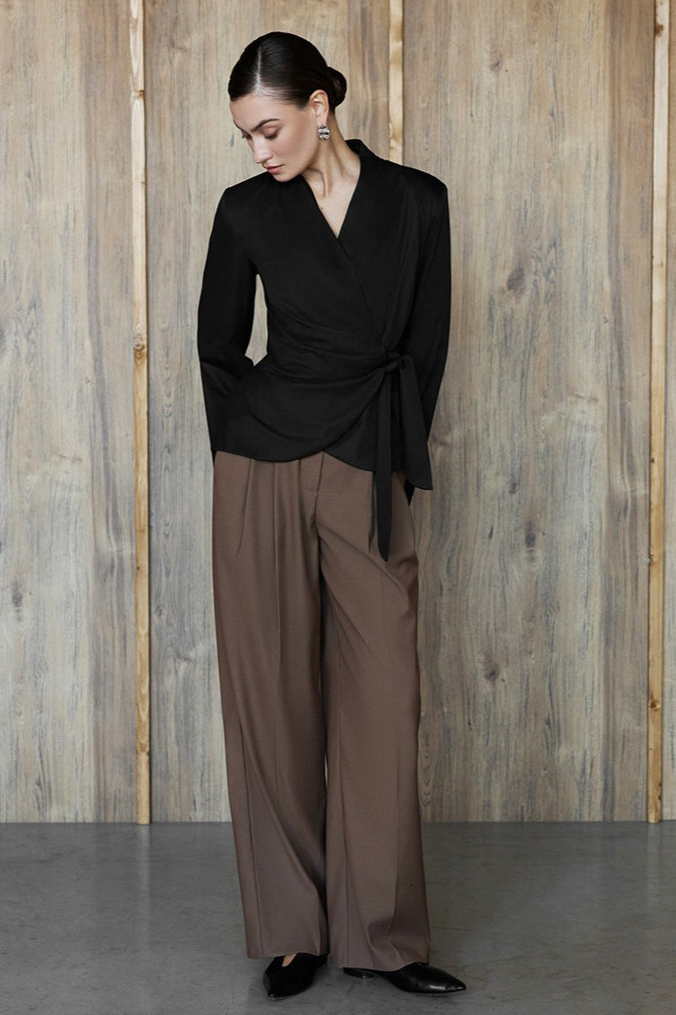 V-Neck Wrap Front Side Tie Long Sleeve Blouse 4