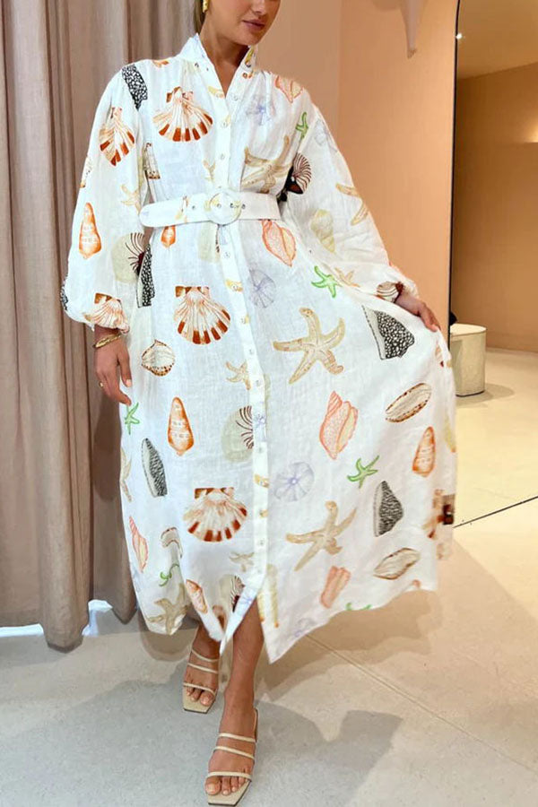 Swinton Marine Element Print Pocket Balloon Sleeve Belted Maxi Dress