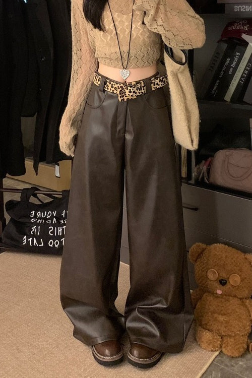 High Waist Faux Leather Baggy Wide Leg Pants 3