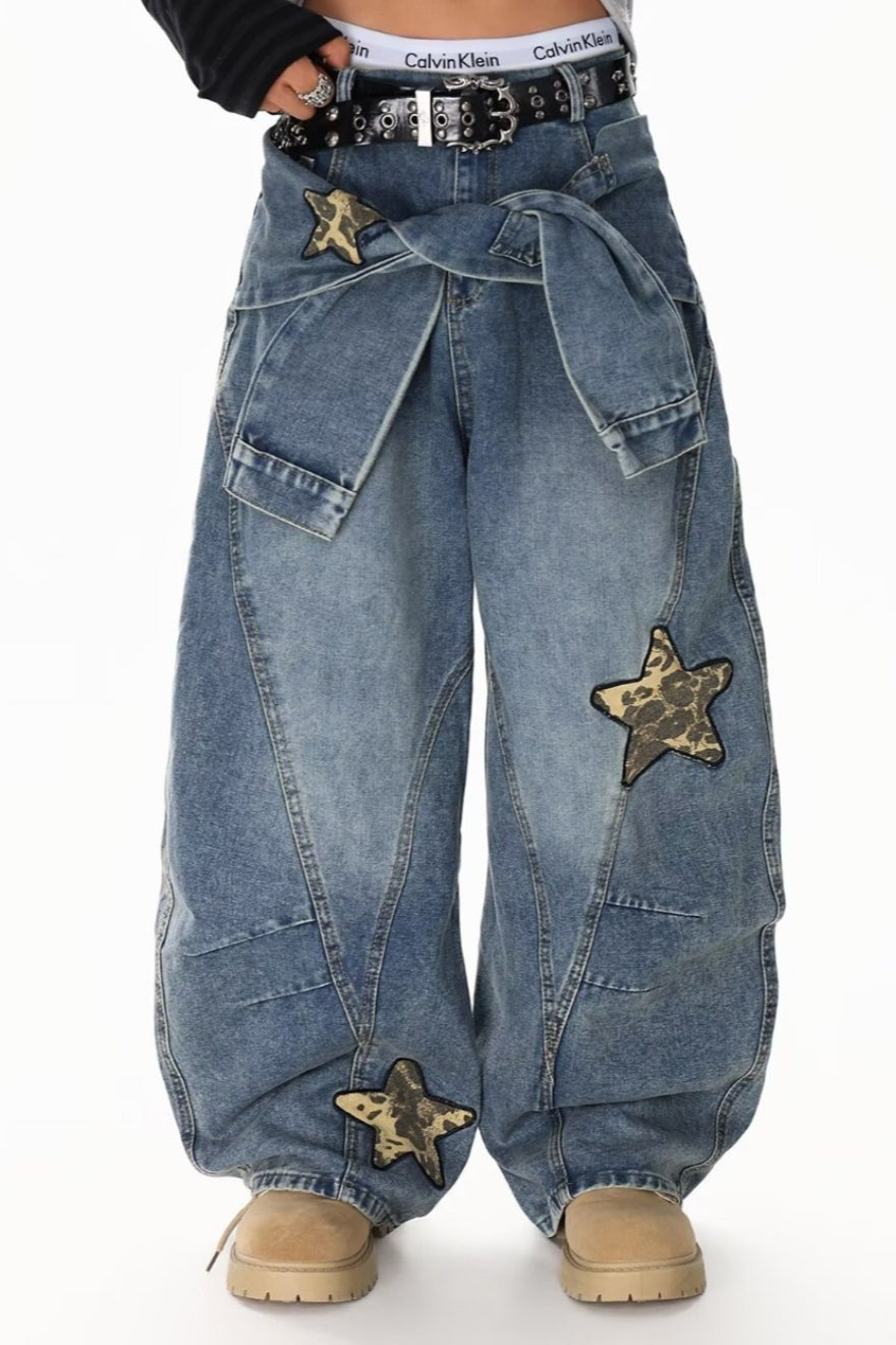 Leopard Star Patch Tie Waist Baggy Wide Leg Denim Jeans