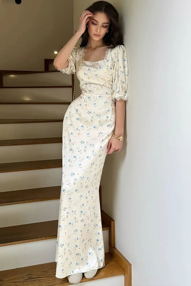 Satin Puff Sleeve Floral Dress in Blue - View 10